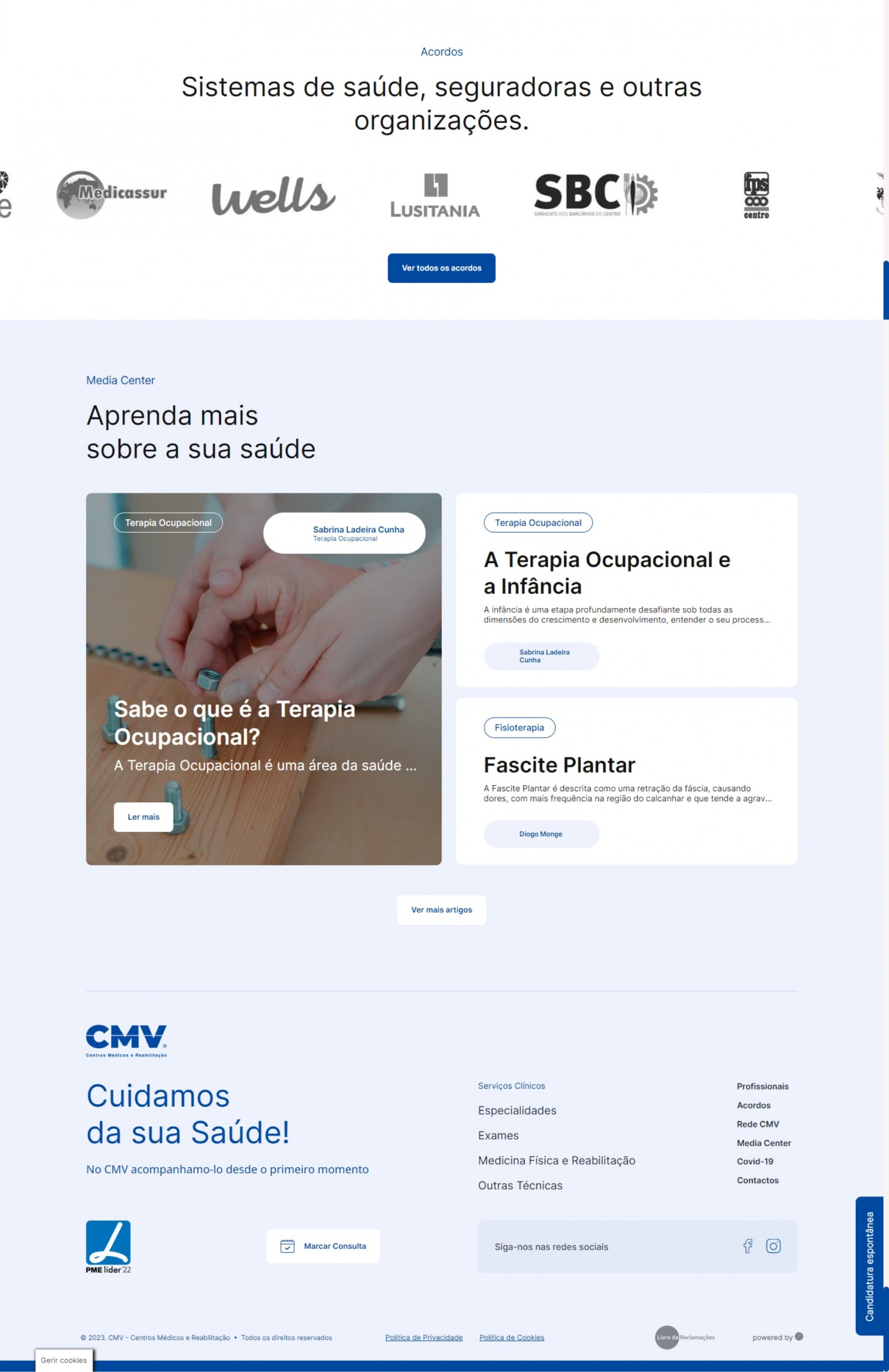 Homepage do website do CMV - Centros Médicos e Reabilitação