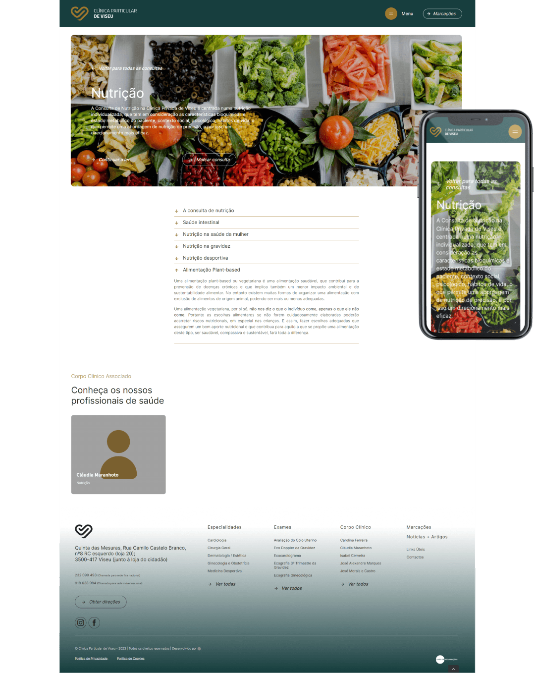 Página da especialidade "Nutrição" do website Clínica Particular de Viseu