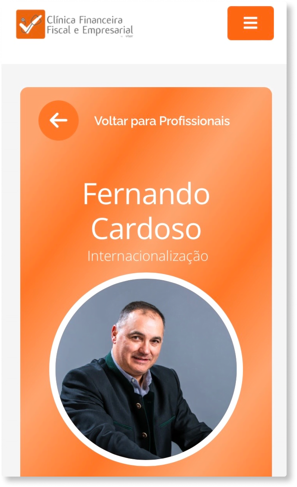 Página de apresentação de profissionais, versão mobile
