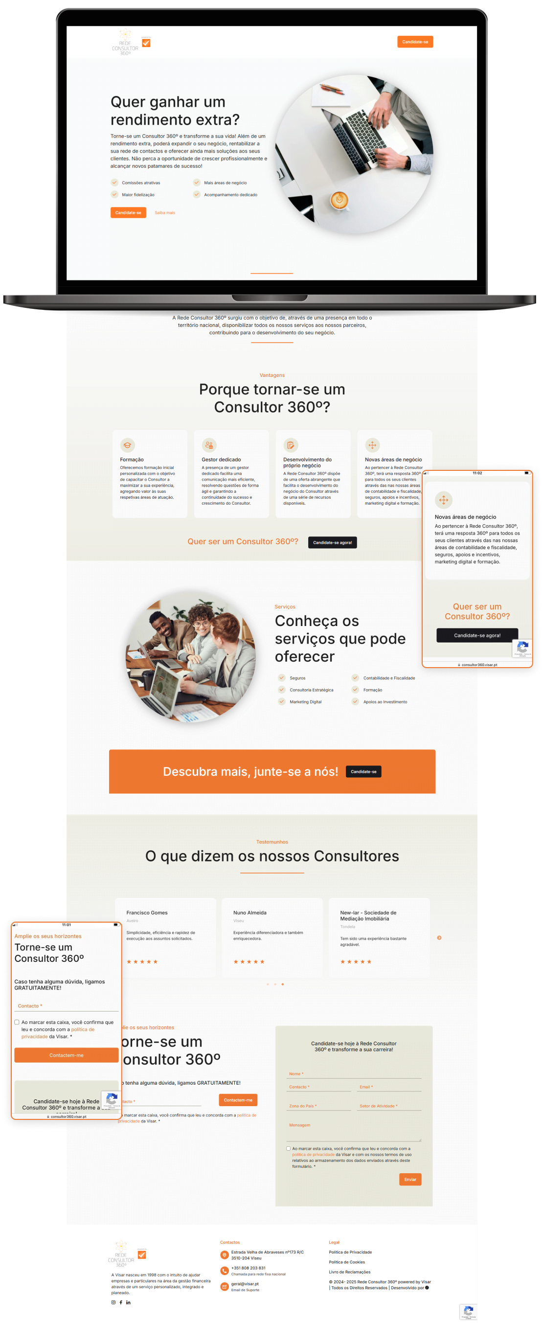 Versão desktop da Landing Page Rede Consultor 360º e alguns ecrãs mobile da mesma landing page que pertence à Visar