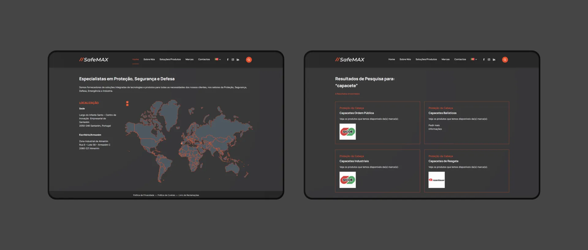 Ecrãs desktop site do site da SafeMAX