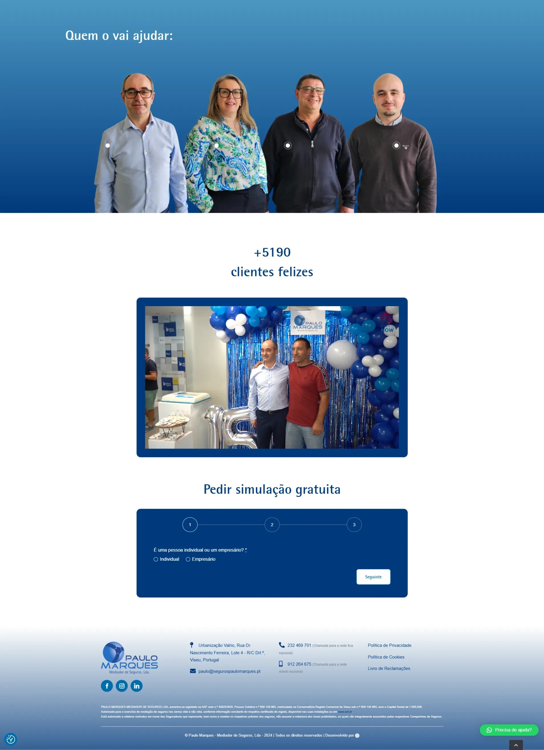 Segunda parte da landing page Paulo Marques - Mediador de Seguros
