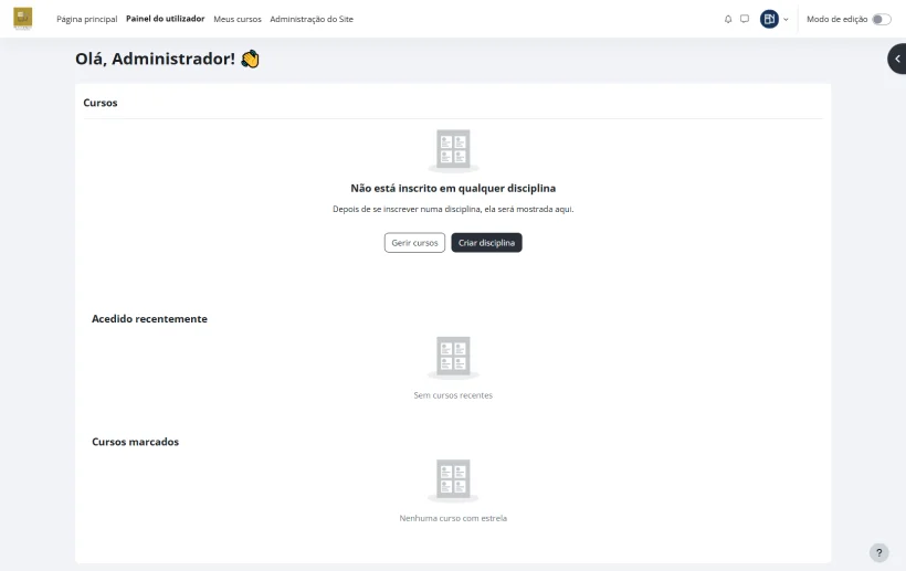 Painel do utilizador no Moodle ENB - Escola de Negócios