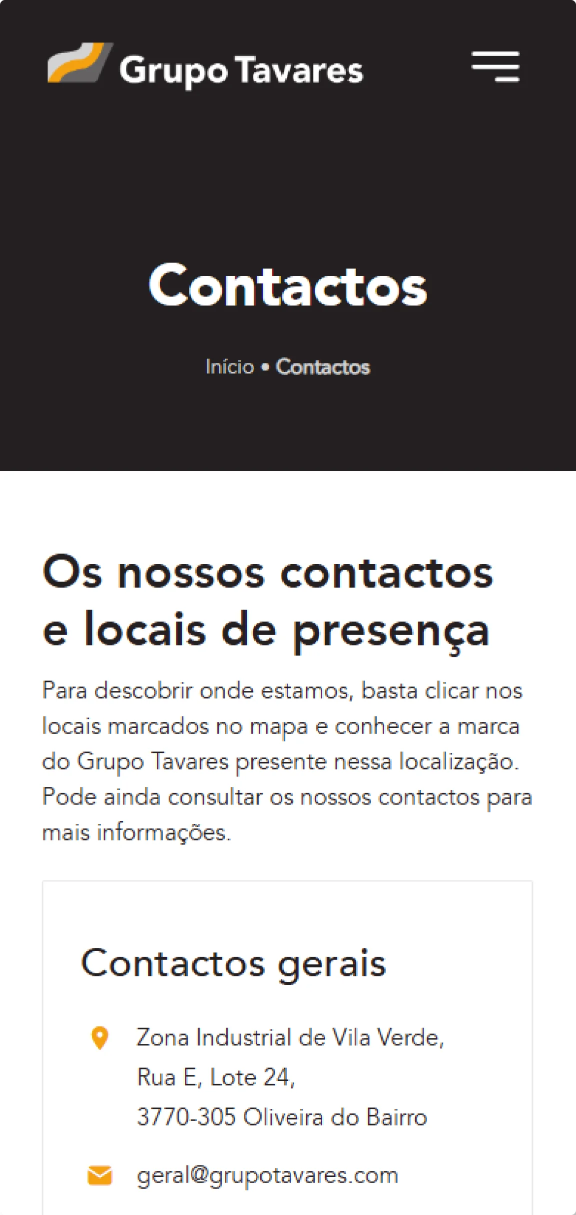 Página de contactos Grupo Tavares versão mobile