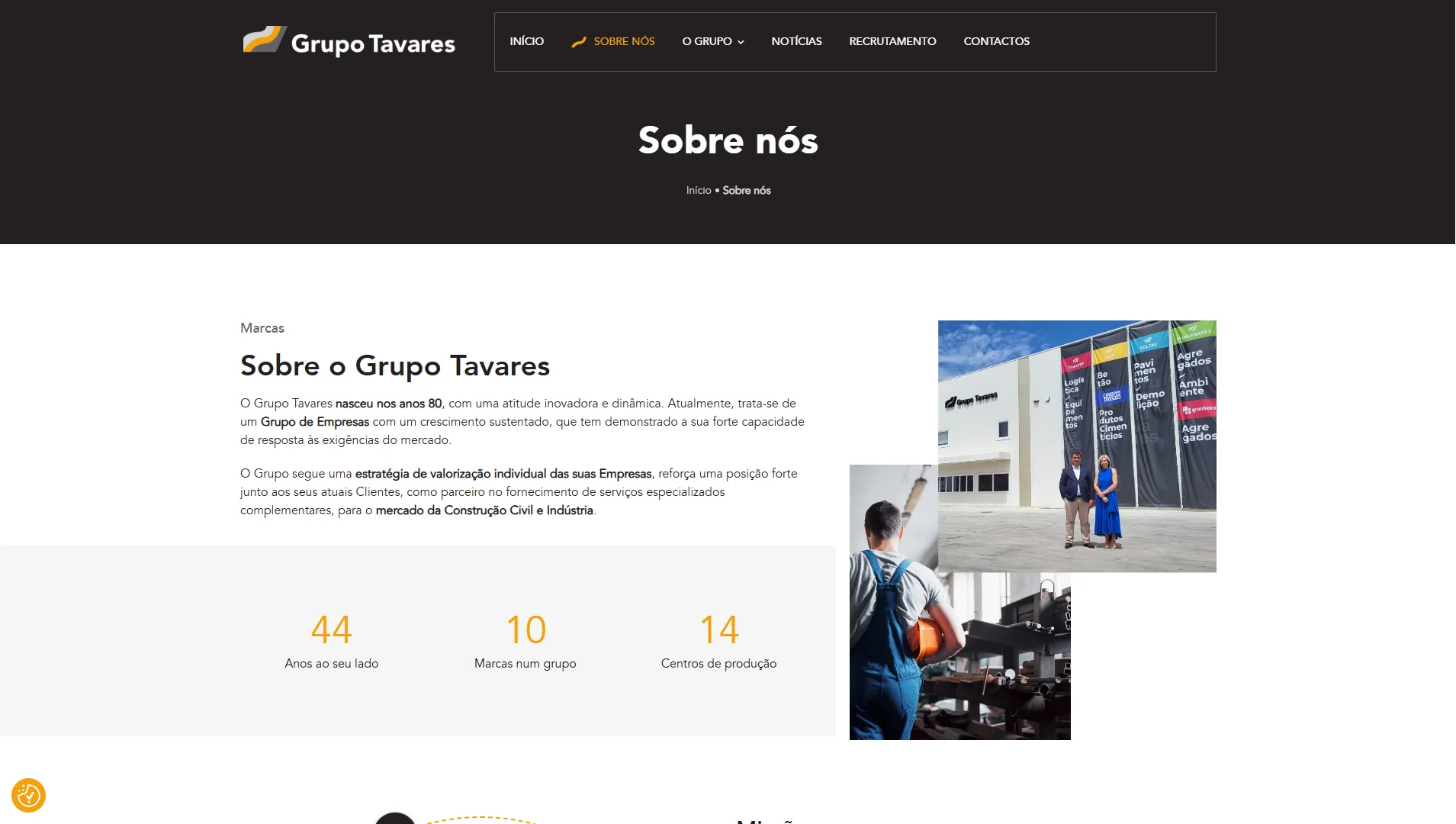 Página sobre nós em desktop do Grupo Tavares